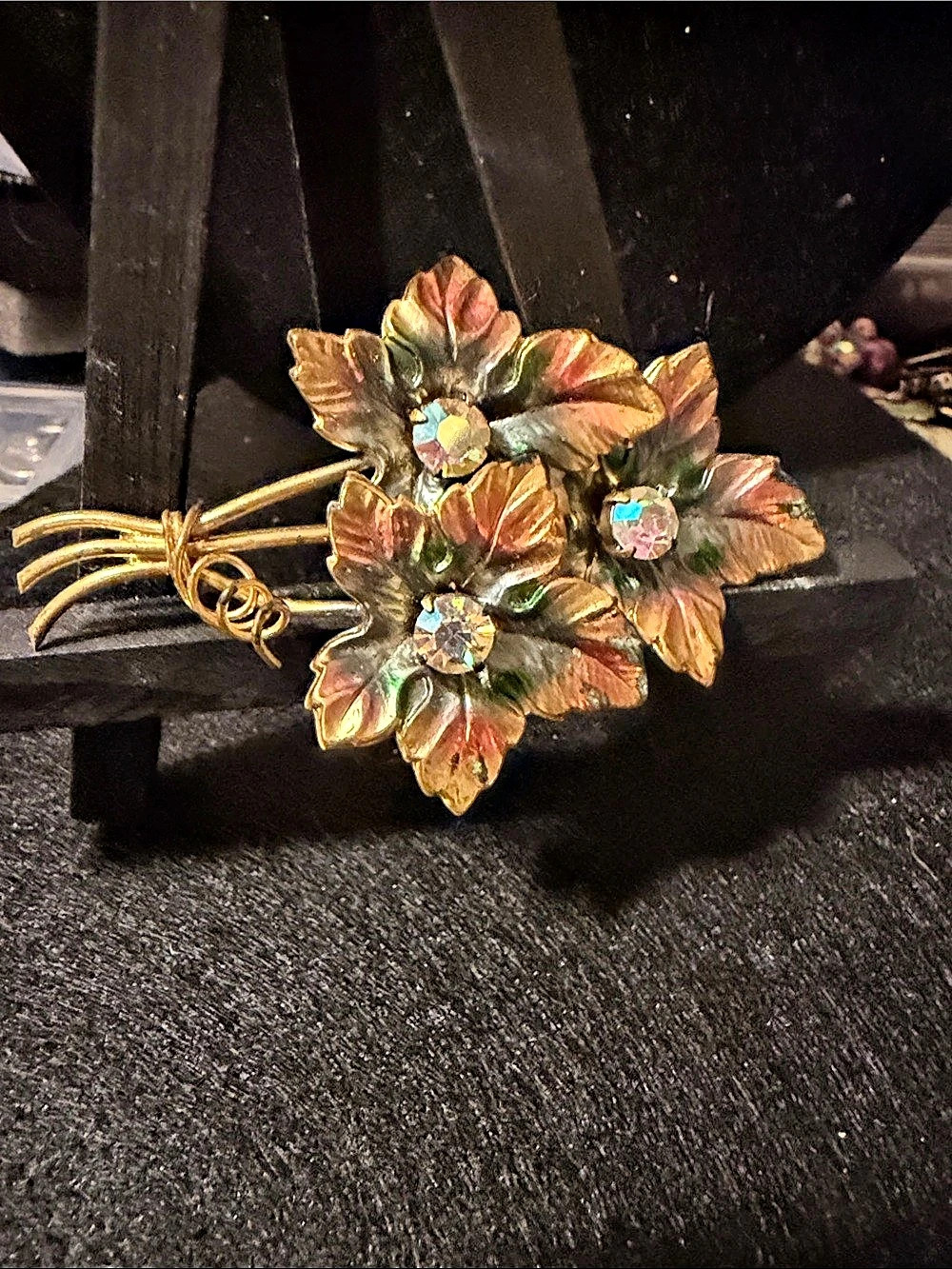 Trifari Floral Rhinestone Brooch Gold & Green